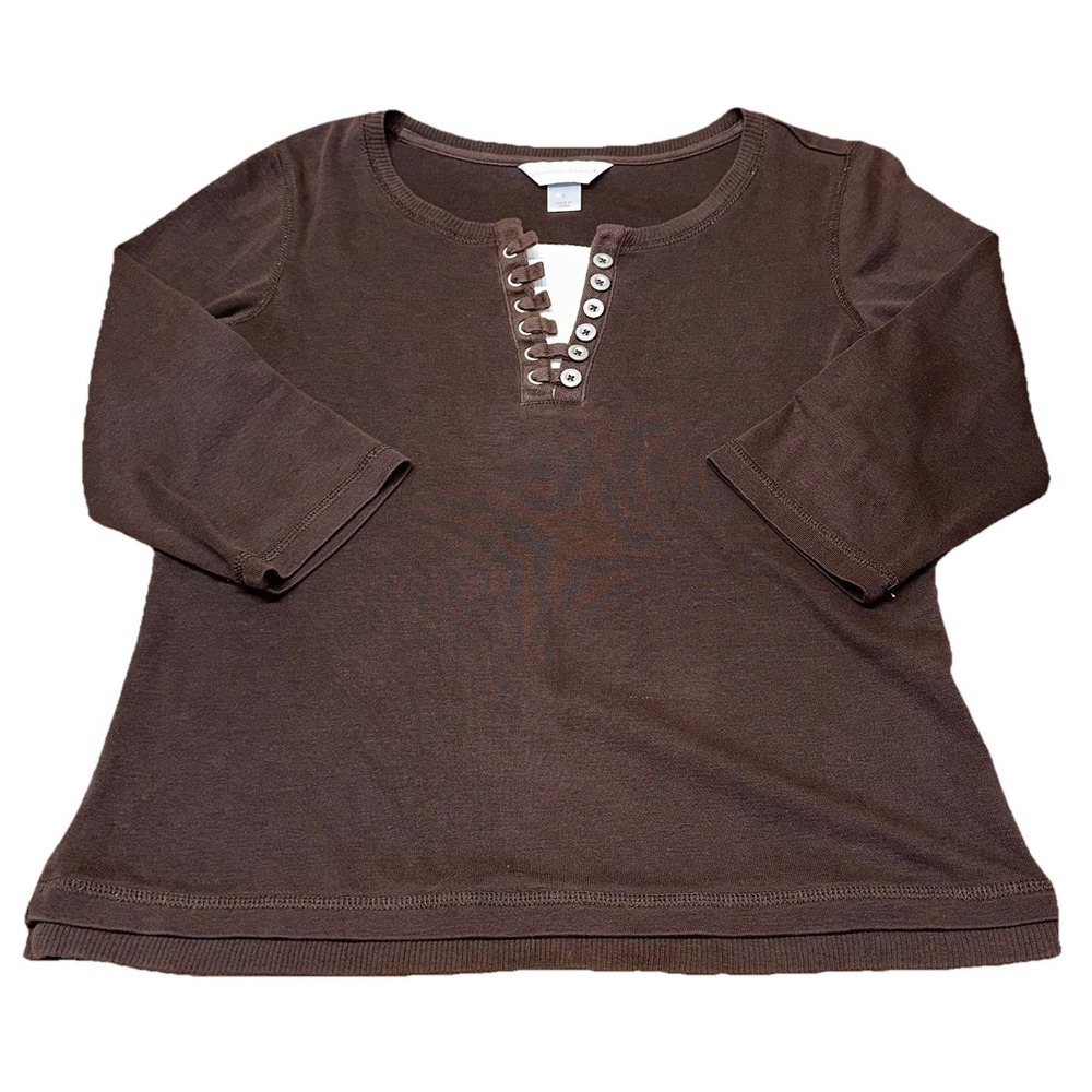 Christopher & Banks Brown White 3/4 Sleeve 100% Cotton Henley Shirt Women's S